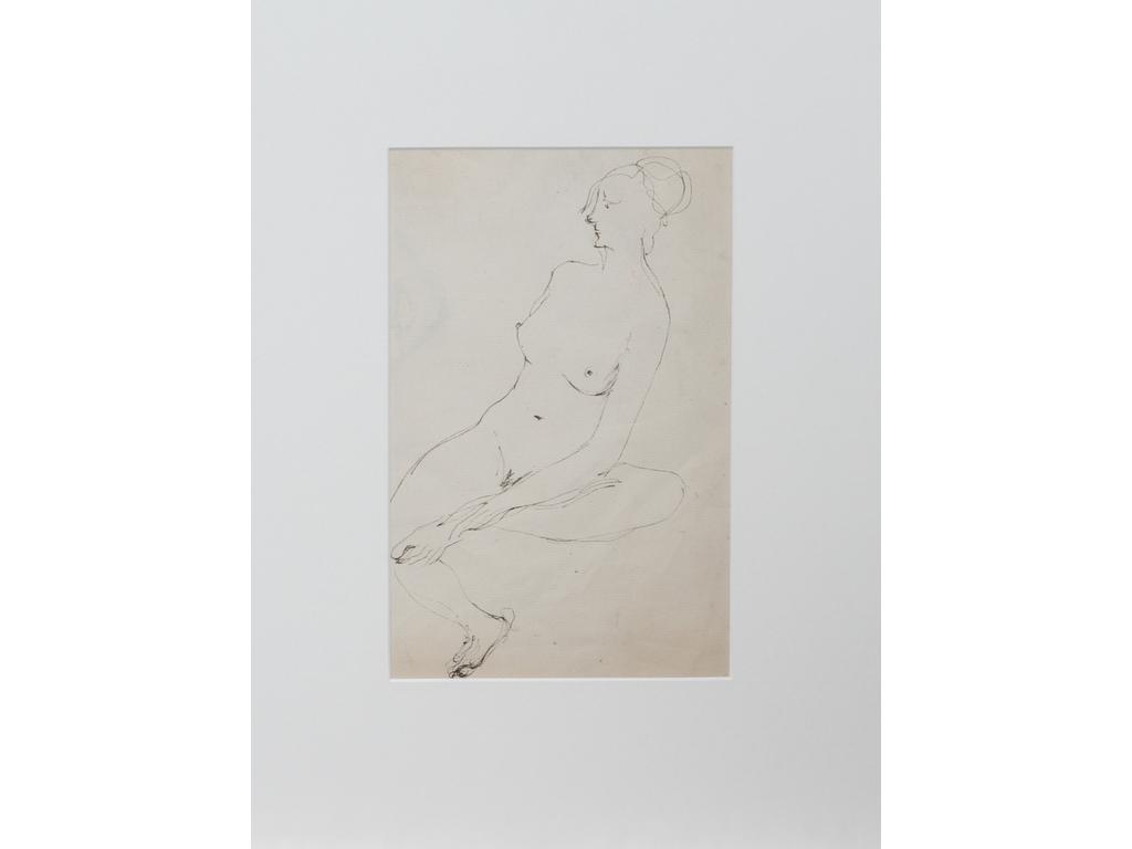 Robert DROULERS (1920-1994) : Nu assis. Encre de Chine. Dim. : 23x14,5cm.
