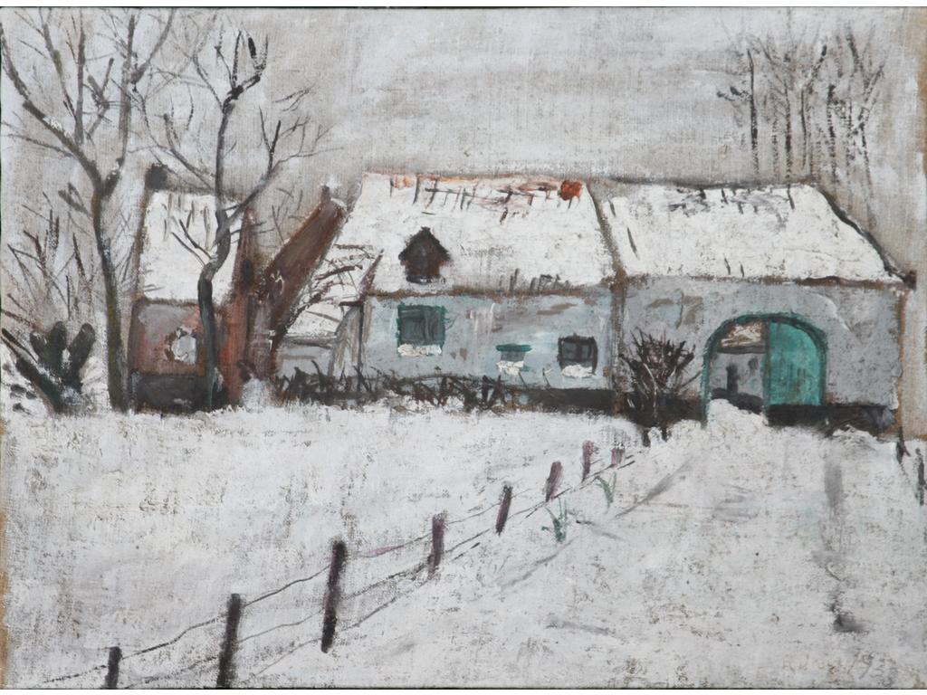 Robert DROULERS (1920-1994) : Beguinage sous la neige. Huile sur toile, datée 1933, signée bas à droite. Dim. : 32,5x44cm.