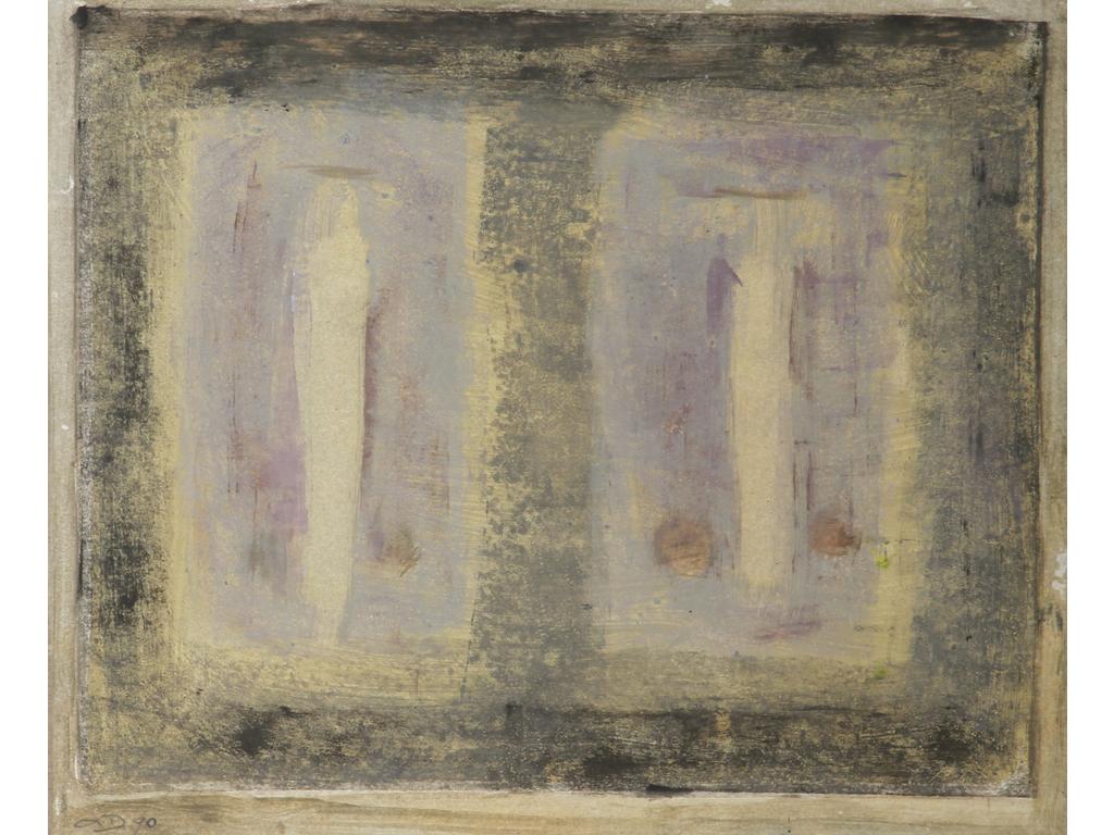 Robert DROULERS (1920-1994) : Composition. Technique mixte sur papier marouflé sur panneau, monogrammé bas gauche et daté 90. Dim. : 24x29cm. Situé à Saint Rémy au revers.