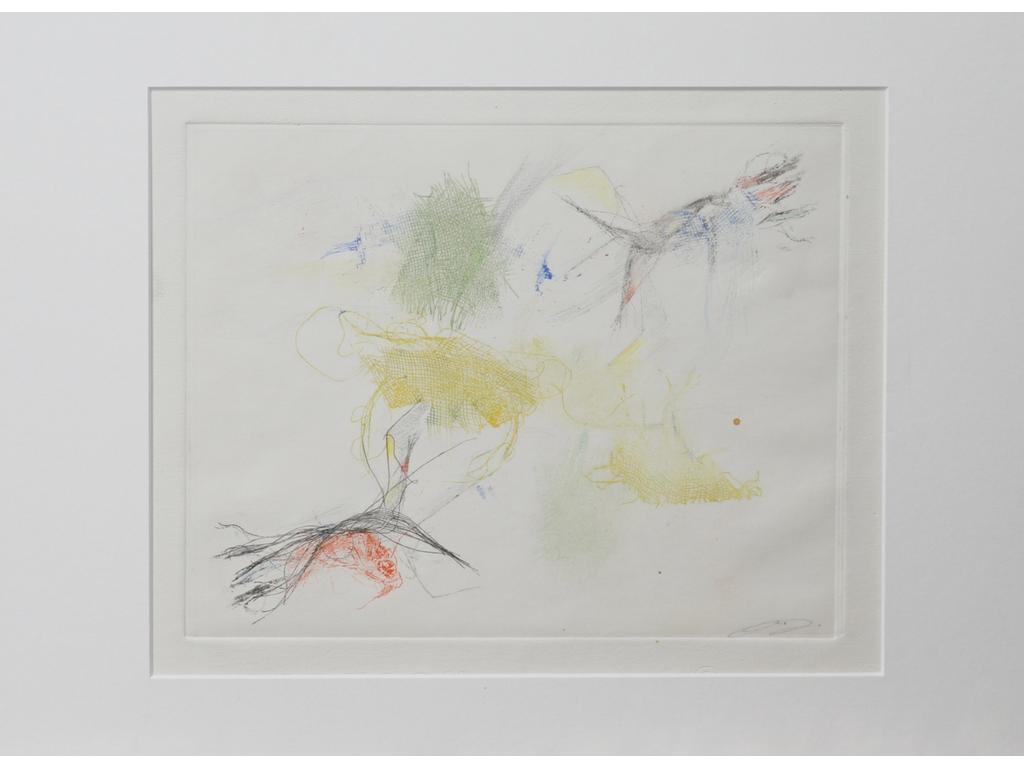 Robert DROULERS (1920-1994) : Composition. Eau-forte en couleur, monogrammée bas droite. Dim. : 18,5x23,5cm.