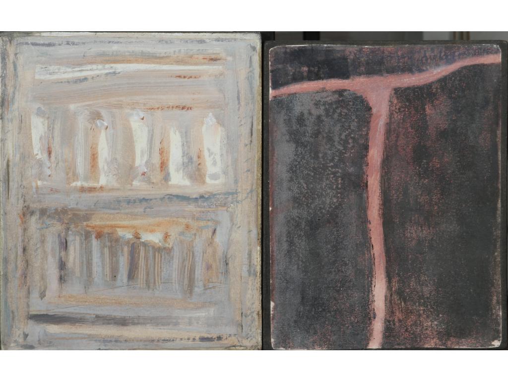 Robert DROULERS (1920-1994) : Silhouettes et Composition. Huile sur panneau et huile sur papier marouflé. Signées au verso. Dim. : 27x21 et 27,5x22cm.