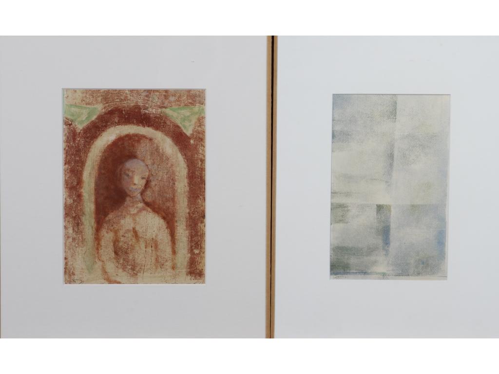 Robert DROULERS (1920-1994) : Portrait et Composition. Deux techniques mixtes sur papier, monogrammées bas gauche. Dim. : 24,5x18 et 23,5x14,5cm.