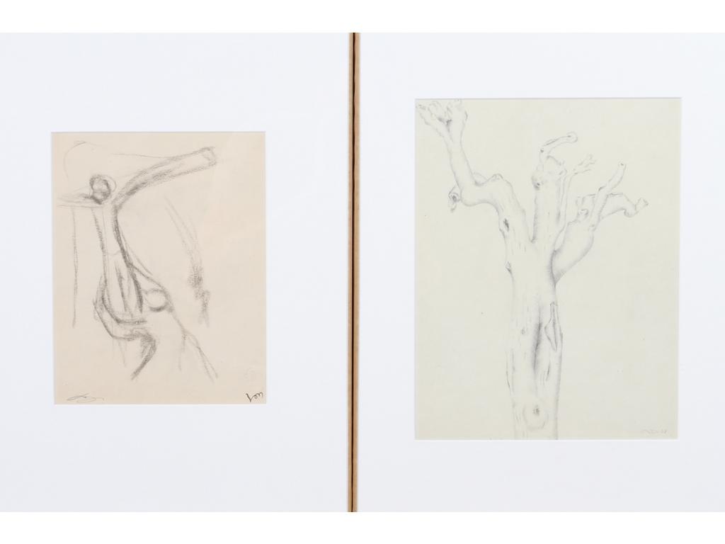 Robert DROULERS (1920-1994) : Christ et étude d'Arbre. Deux dessins monogrammés. Dim. : 26x20 et 20x16cm.