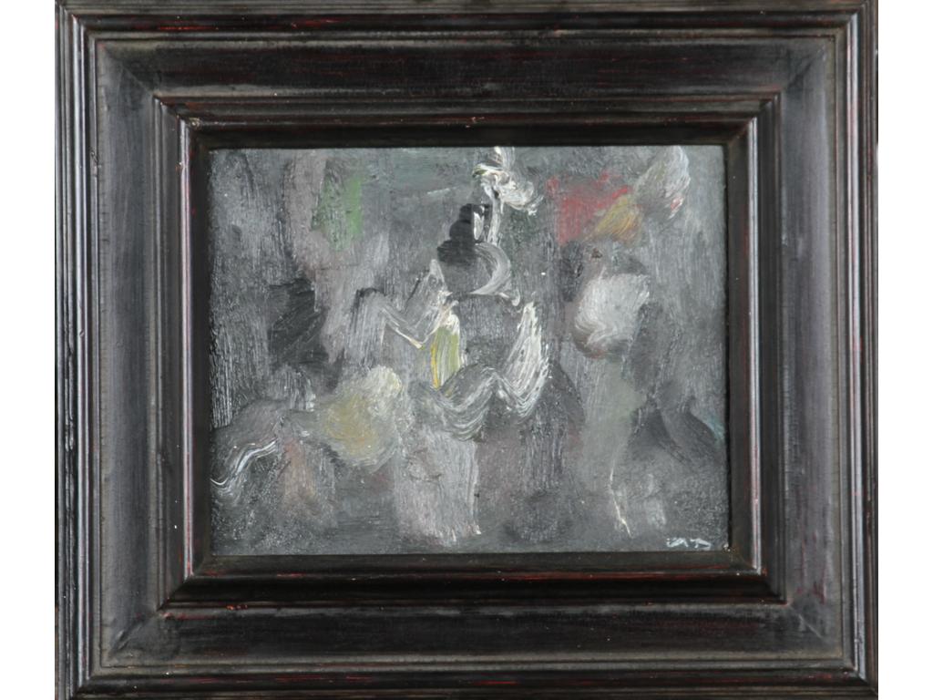 Robert DROULERS (1920-1994) : Composition. Huile sur toile, signée au revers et situé à Lambersat. Dim. : 19x24cm.