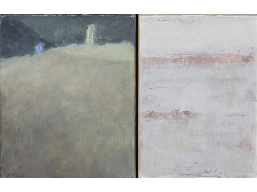 Robert DROULERS (1920-1994) : Compositions. Huile sur panneau et huile sur toile monogrammée. Dim, : 19,5x27,5cm et 27x22cm.