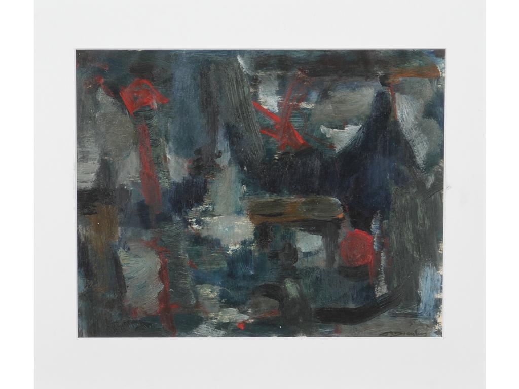 Robert DROULERS (1920-1994) : Composition. Acrylique sur papier, signée bas droite. Dim. : 24x30cm.