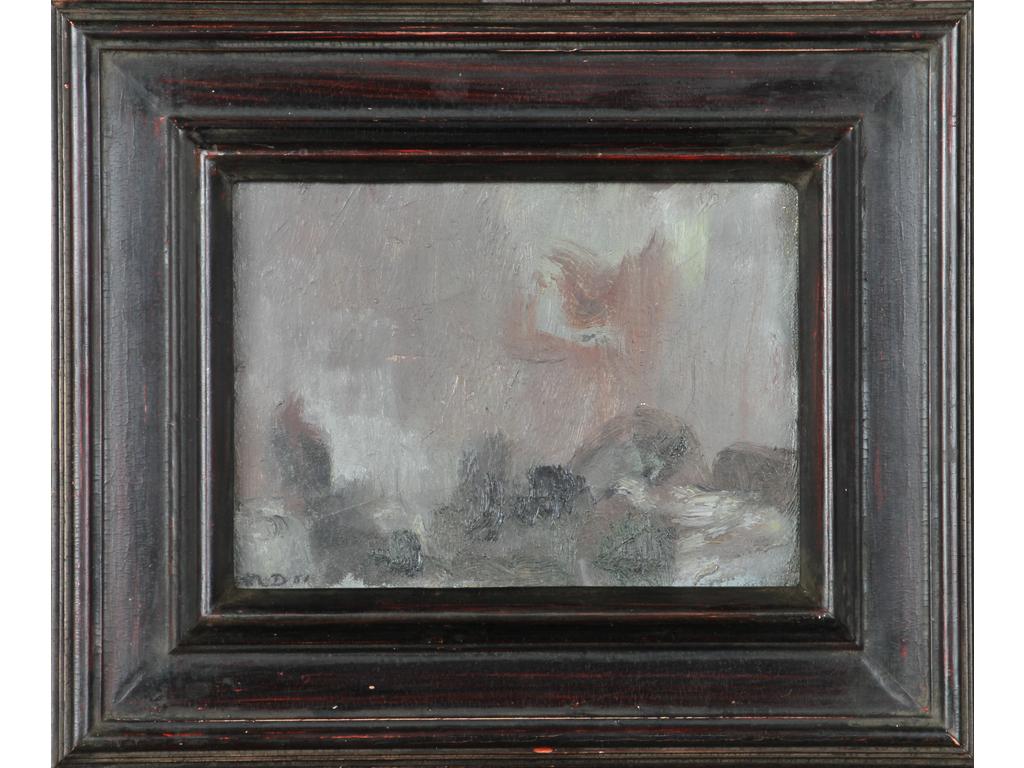 Robert DROULERS (1920-1994) : Composition. Huile sur toile, monogrammée bas à gauche et datée 1960. Dim. : 16x22cm.