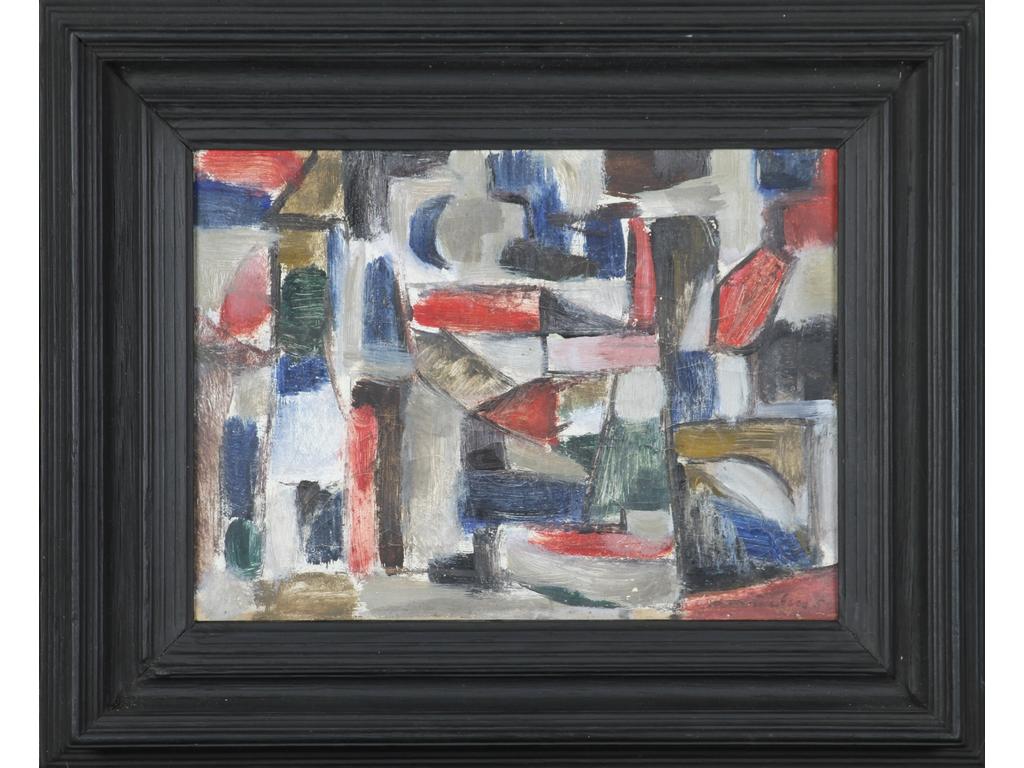 Robert DROULERS (1920-1994) : Composition géométrique. Huile sur toile, signée bas à droite et datée 1950. Dim. : 25x35cm.