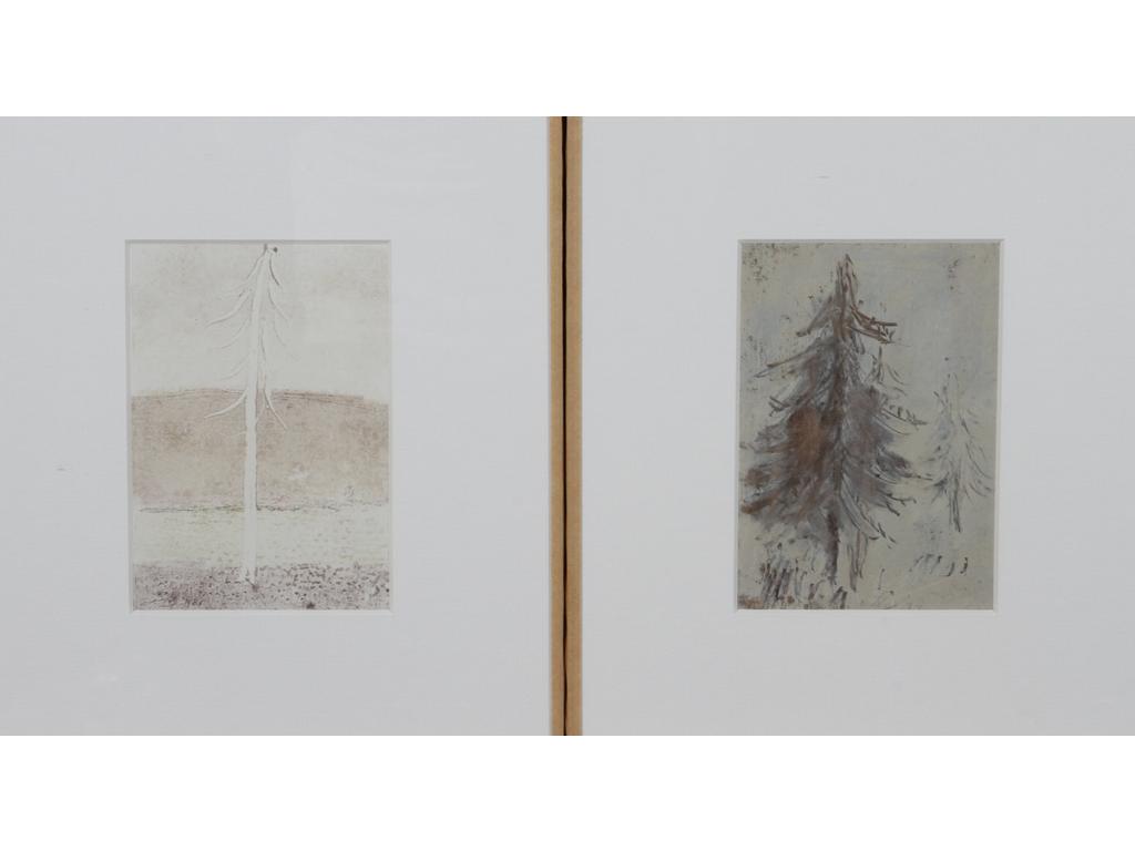 Robert DROULERS (1920-1994) : Sapins . Deux huiles sur papier. Dim. : 15x10cm.