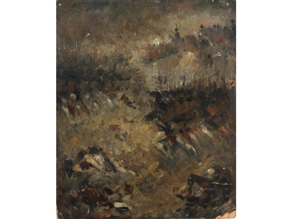 Bernard NAUDIN : Marche militaire. Huile sur carton, signée au revers. Dim. : 45x37,5cm (Accident en bas à droite).