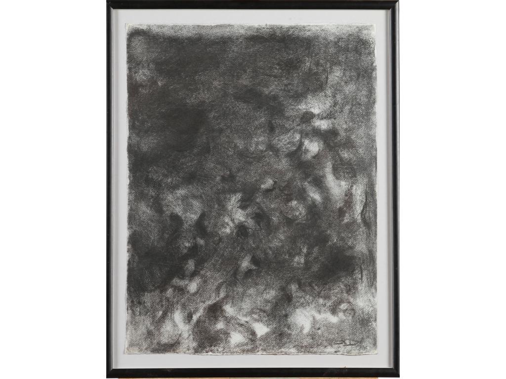 Robert DROULERS (1920-1994) : Composition abstraite au crayon gras sur papier canson, monogramée en bas à droite, encadrée sous verre. Dim : 63x47.5 cm.