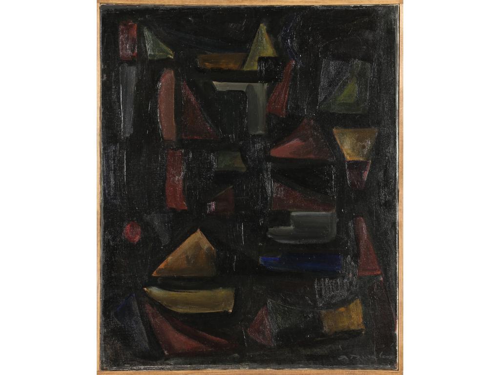 Robert DROULERS (1920-1994) : Composition géométrique. Huile sur toile, signée bas à gauche, contresignée au revers et située à Lambersart année 1953. Dim. : 61x50cm.