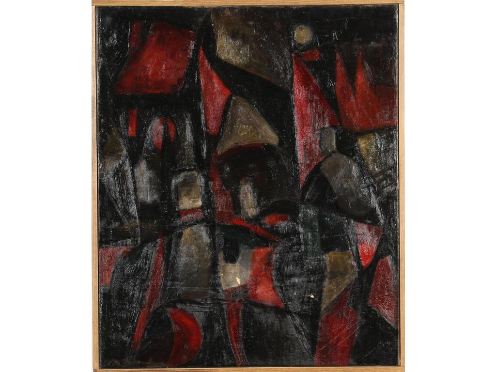 Robert DROULERS (1920-1994) : Composition. Huile sur toile, signée au dos et située à Lambersart. Dim. : 55x46cm. (Etiquette 1963, deux petits éclats et manques).