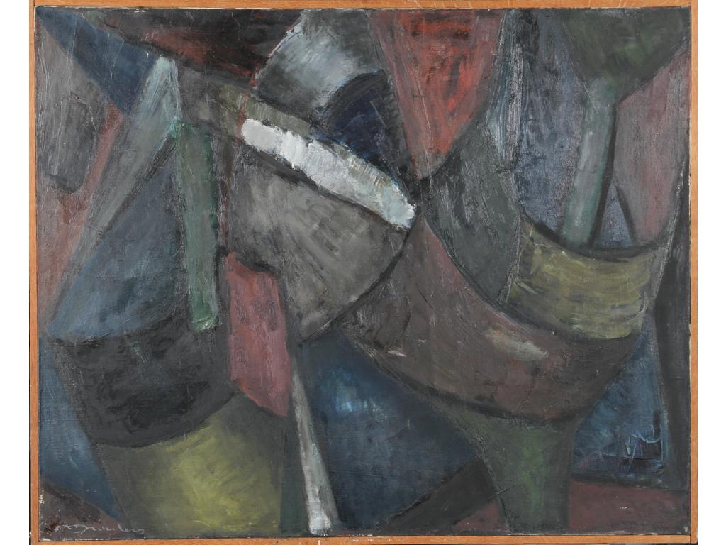 Robert DROULERS (1920-1994) : Composition géométrique. Huile sur toile, signée en bas à gauche et à droite. Dim. : 80x100cm. Située à Lambersart.