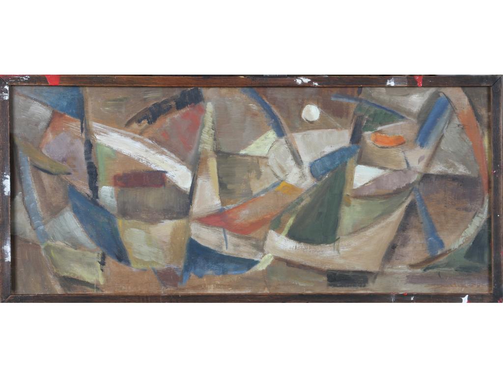 Robert DROULERS (1920-1994) : Composition. Huile sur contreplaqué, signée au revers au crayon. Années 1955-1956. Dim. : 28,5x65,5cm.