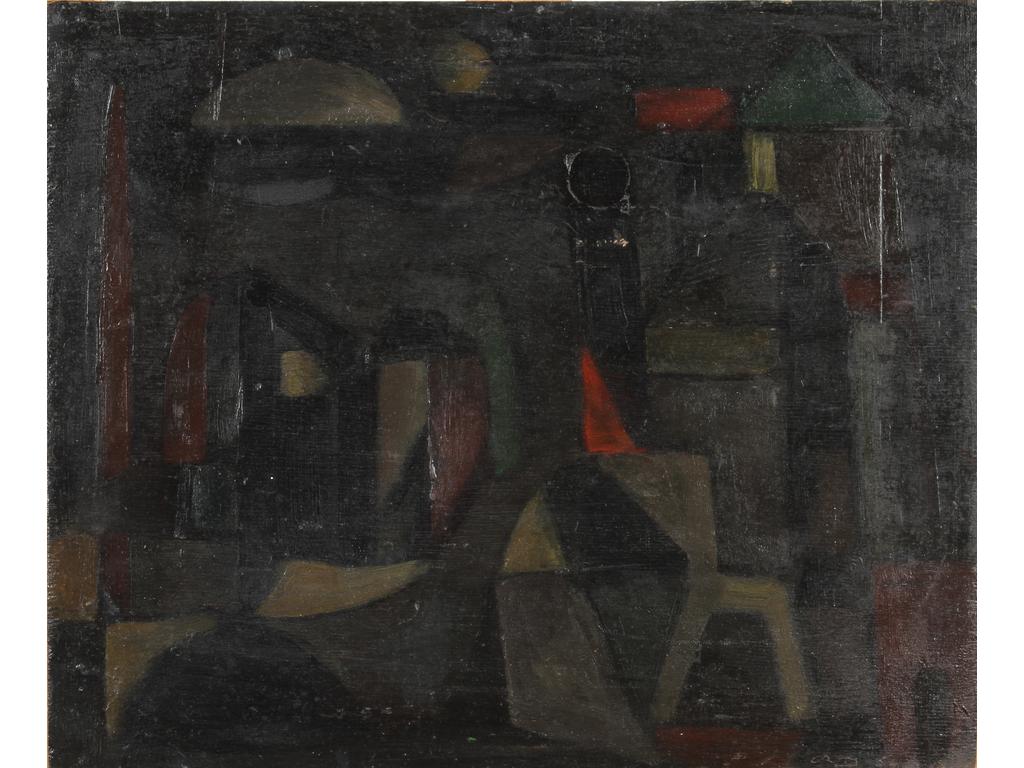 Robert DROULERS (1920-1994) : Composition. Huile sur contreplaqué. Monogrammée et datée 54 en bas à droite. Dim. : 38x46cm.