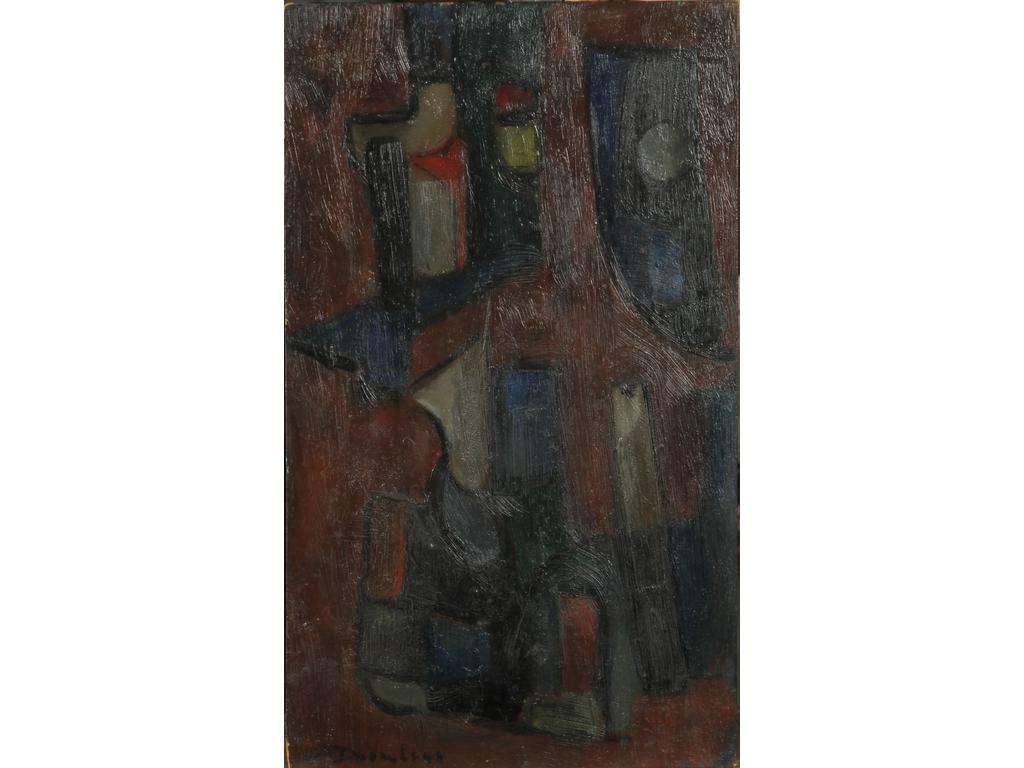 Robert DROULERS (1920-1994) : Composition. Huile sur isorel, signée bas à gauche. Au dos étiquette 1953. Dim. : 46x27cm.