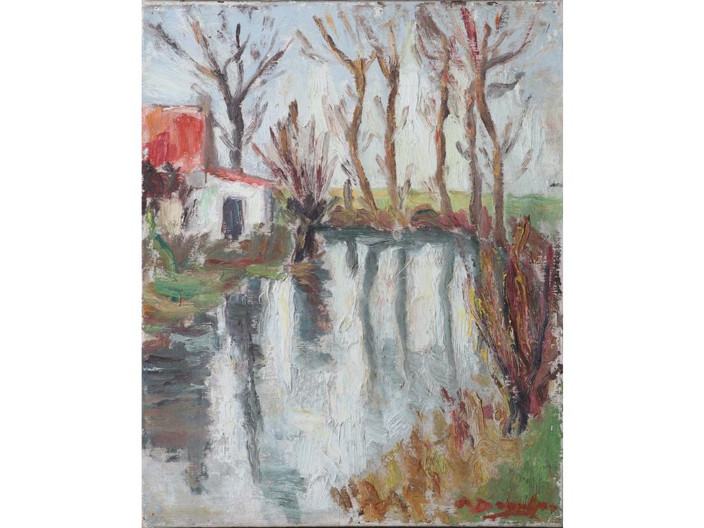 Robert DROULERS (1920-1994) : Paysage à la pièce d'eau. Huile sur toile, signée en bas à droite. Dim. : 41x33 cm.