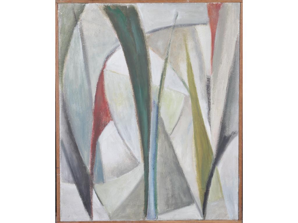Robert DROULERS (1920-1994) : Composition géométrique. Huile sur toile. Au dos étiquette année 56. Dim. : 72x60cm.