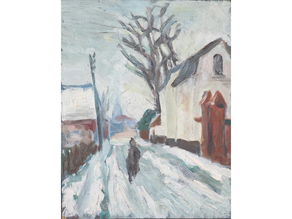 Robert DROULERS (1920-1994) : Paysage de neige. Huile sur contreplaqué, non signée. Dim. : 33,5x26,5 cm.
