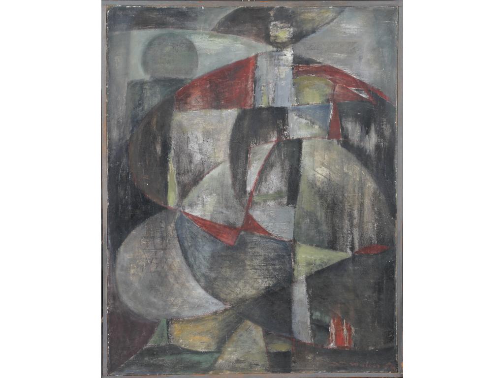 Robert DROULERS (1920-1994) : Composition. Huile sur toile, signée bas à droite et datée 54. Dim. : 92x72,5cm. (Quelques griffures, située à Lambersart au dos).