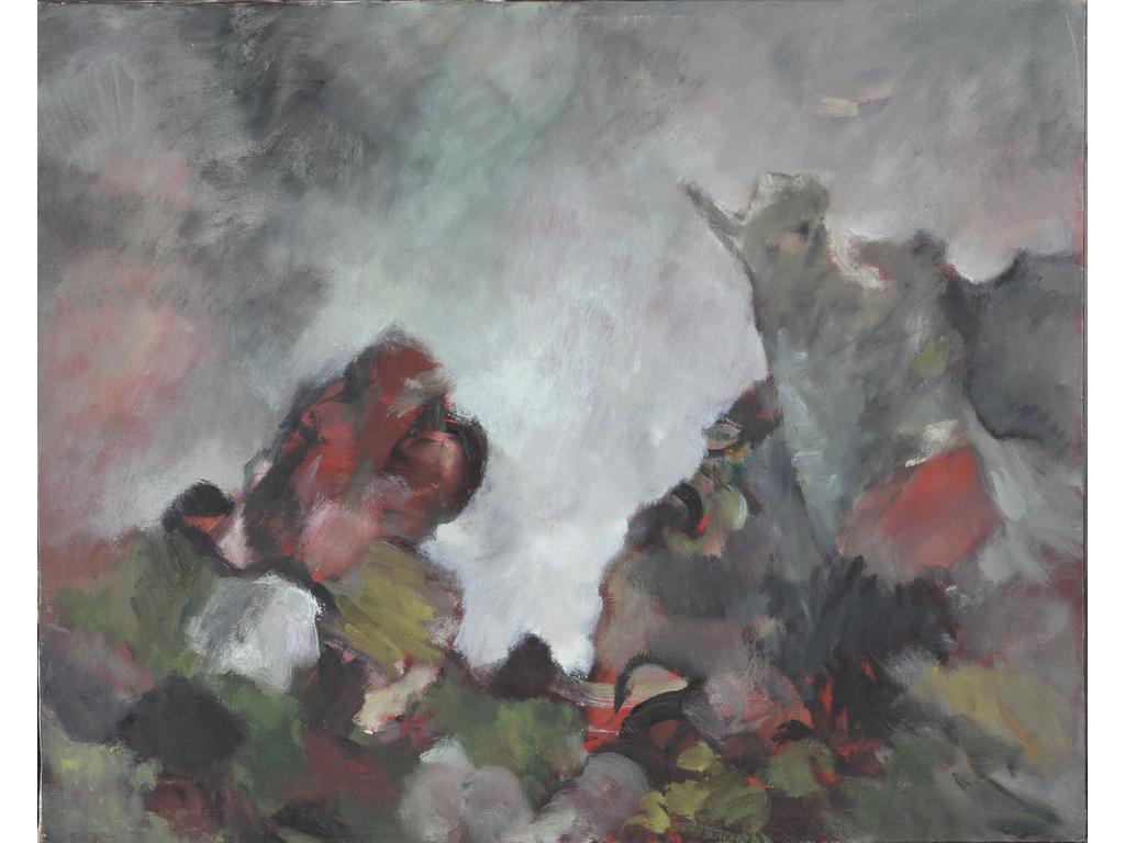 Robert DROULERS (1920-1994) : Abstraction. Huile sur toile,signée bas à gauche, étiquette au dos année 1961. Dim. : 80,5x100cm.