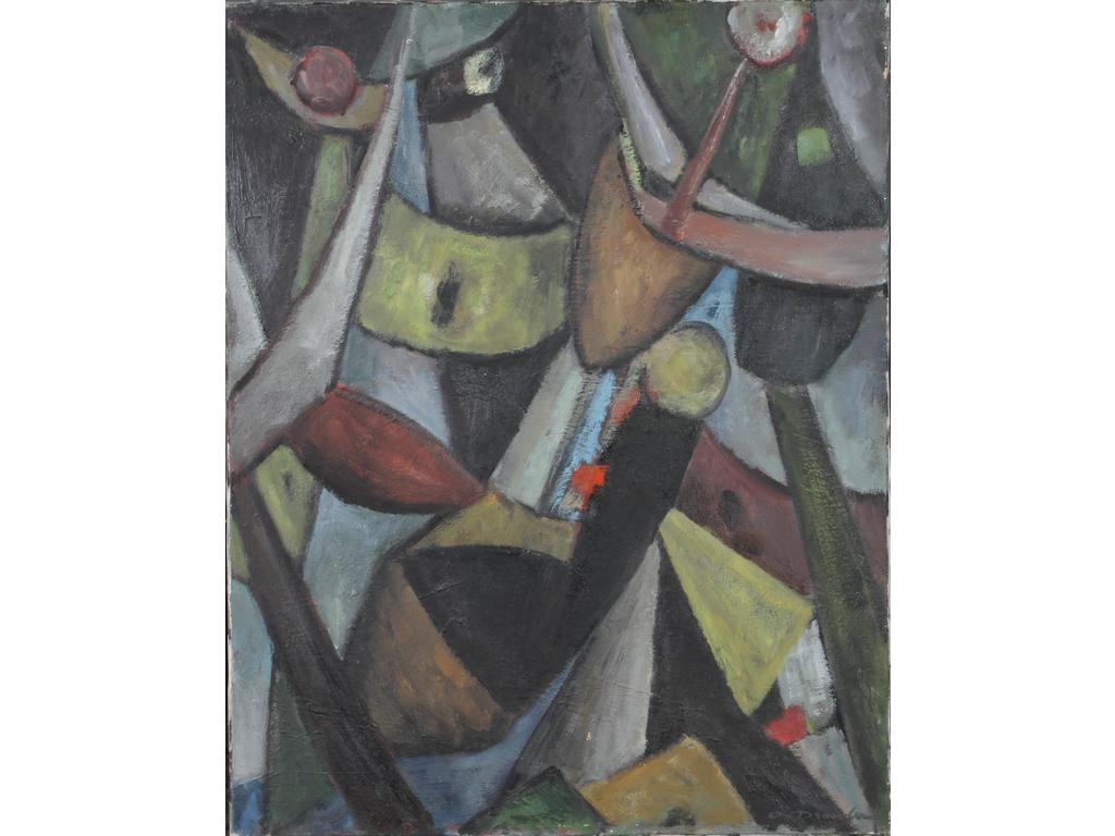 Robert DROULERS (1920-1994) : Composition géométrique. Huile sur toile, signée en bas à droite. Dim. : 92x73cm. (Petits accrocs).