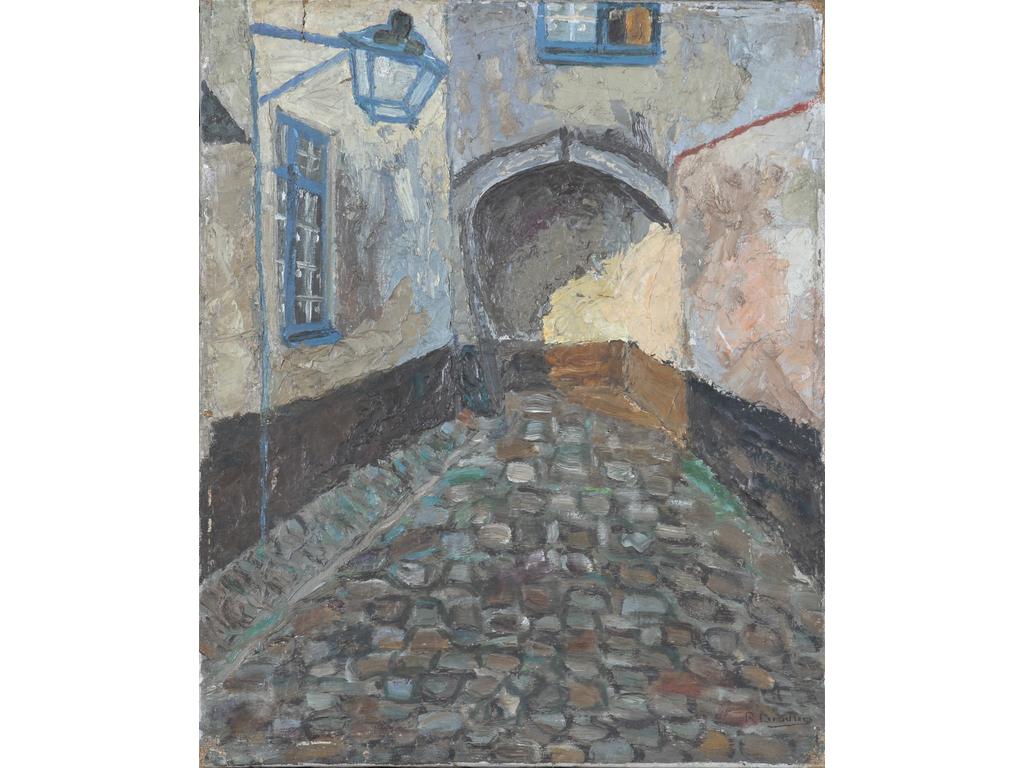 Robert DROULERS (1920-1994) : Rue pavée. Huile sur toile, signée en bas à droite. Dim. : 46x38cm.