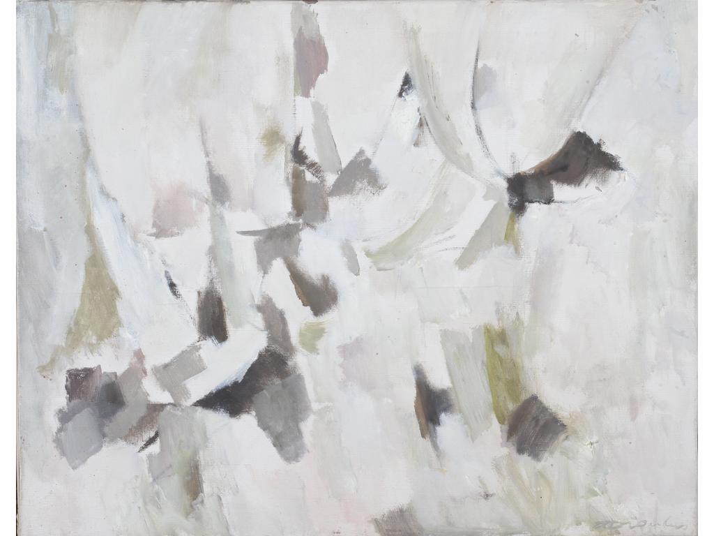 Robert DROULERS (1920-1994) : Sans titre. Huile sur toile, signée en bas à droite. Etiquette au dos Murs 1966. Dim. : 73x92cm.