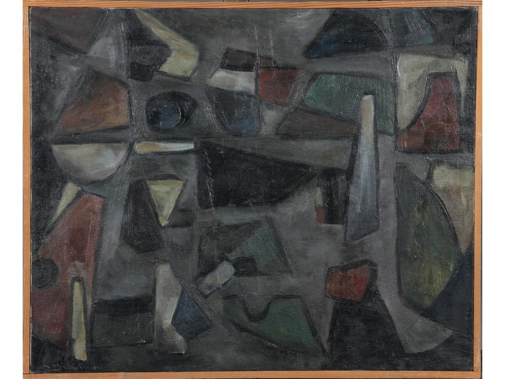 Robert DROULERS (1920-1994) : Composition. Huile sur toile, signée bas à gauche. Dim. : 50x60cm. Datée 1954 au revers avec timbre Galerie Kahn à Strasbourg.