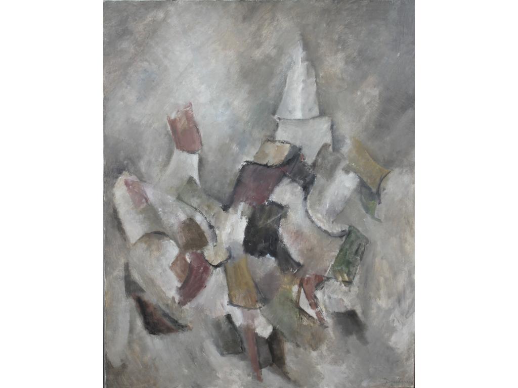 Robert DROULERS (1920-1994) : Grande composition abstraite. Huile sur toile, signée en bas à droite. Dim. : 162x130cm. Contresignée au dos et datée 1962.