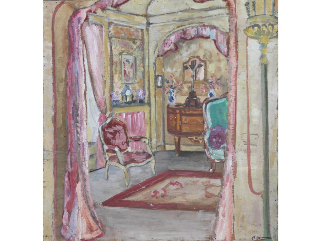 Robert DROULERS (1920-1994) : Scène d'intérieur. Huile sur contreplaqué, signée en bas à droite. Dim. : 51,5x50cm. (Rayures).
