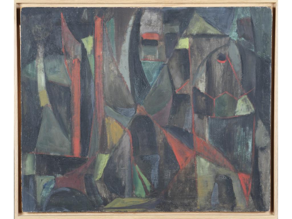 Robert DROULERS (1920-1994) : Abstraction géométrique. Huile sur isorel. Dim. : 59x72,5cm. Datée 1954 au revers.