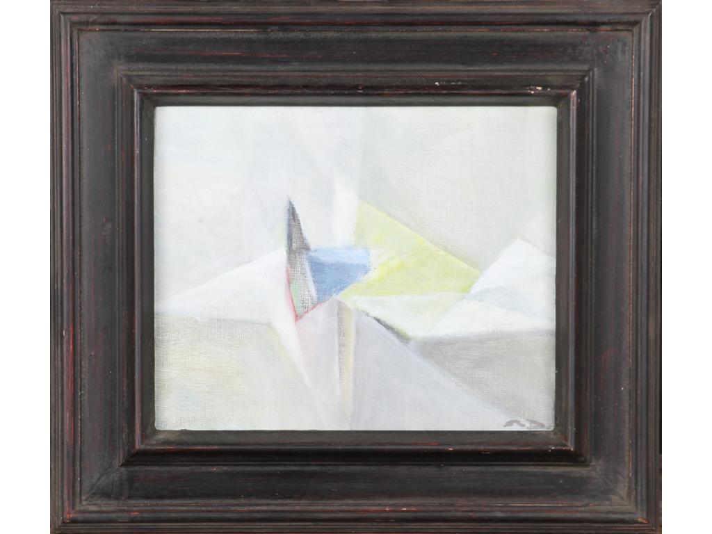 Robert DROULERS (1920-1994) : Géométrie. Huile sur toile, monogrammée bas droite. dim. : 22x27cm. Contresignée au dos. Dans un cadre en bois noirci.