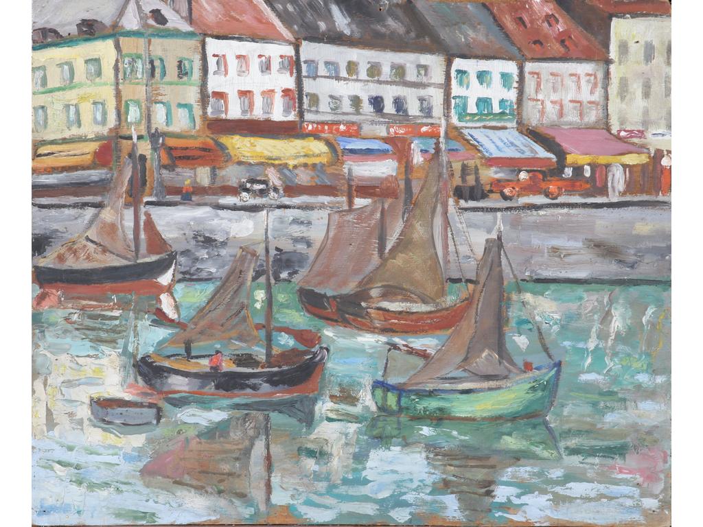 Robert DROULERS (1920-1994) : Le Port d'Ostende 1938. Huile sur contreplaqué, signée et située au crayon au revers. Dim. : 45x55cm. (Petit accident en haut à droite).