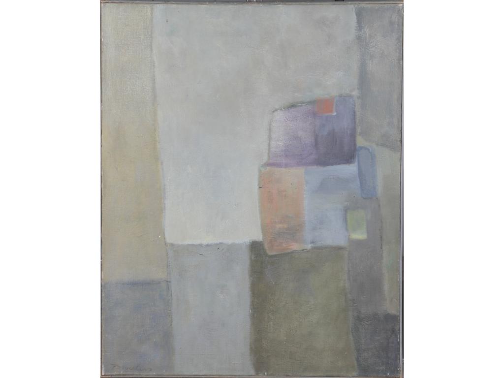 Robert DROULERS (1920-1994) : Composition. Huile sur toile, signée en bas à gauche. Contresignée et situé à Aix au revers. Etiquette d'exposition Galerie Bellint à Paris année 1979. Dim. : 81x65cm.