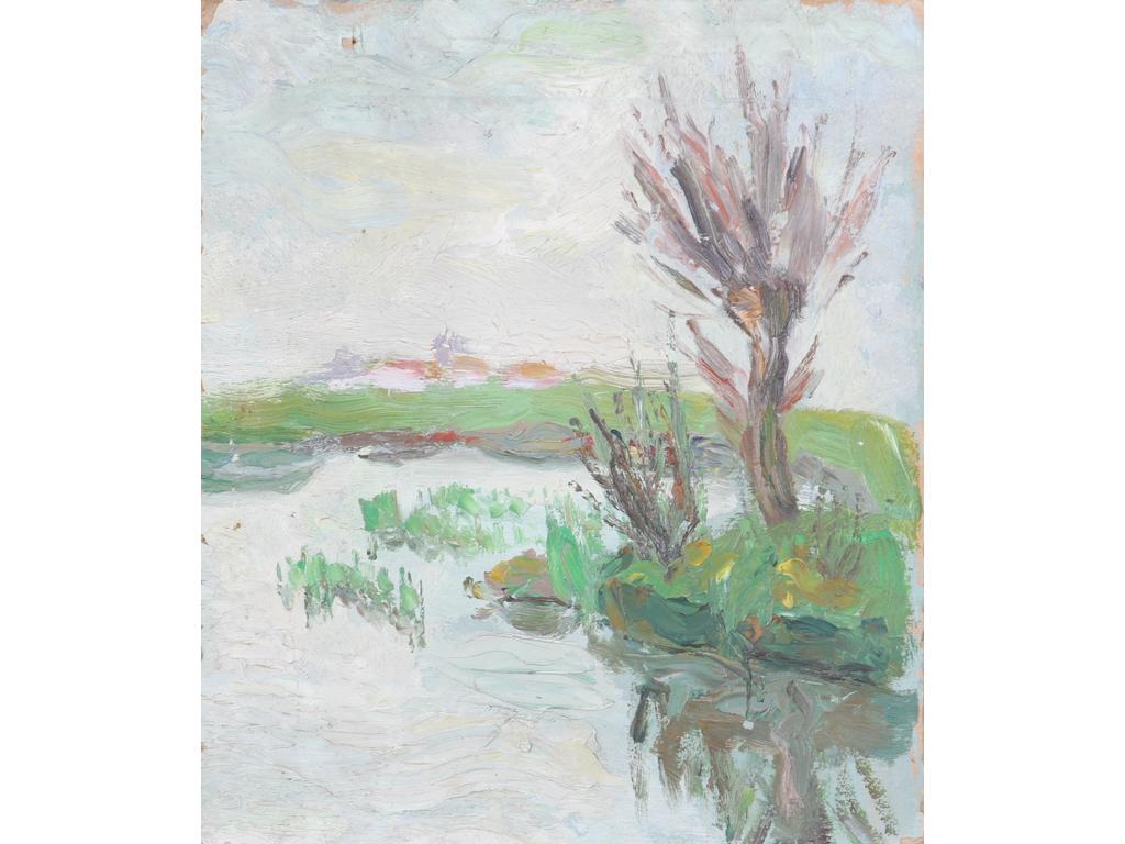 Robert DROULERS (1920-1994) : Paysage à la pièce d'eau. Huile sur carton, non signée, datée 1943 au revers. Dim. : 32,5x28cm.