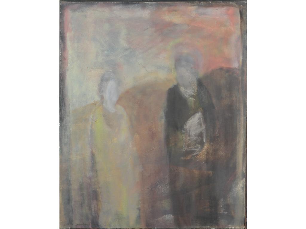 Robert DROULERS (1920-1994) : Couple de personnages. Huile sur toile, signée bas à gauche. Dim. : 73x60cm. Datée 1985 au dos.