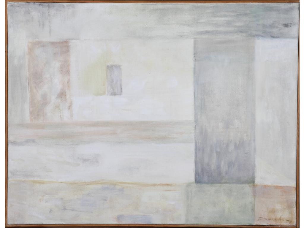 Robert DROULERS (1920-1994) : Composition géométrique. Huile sur toile, signée bas à droite. Contresignée et située à Aix au dos. Dim. : 50x65cm.