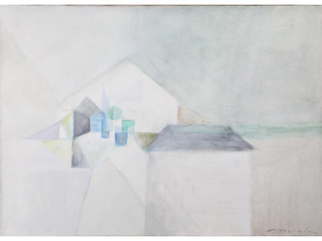 Robert DROULERS (1920-1994) : Le Village. Huile sur toile, signée bas à droite. Située à Aix au revers. Dim, : 32,5x45,5cm.