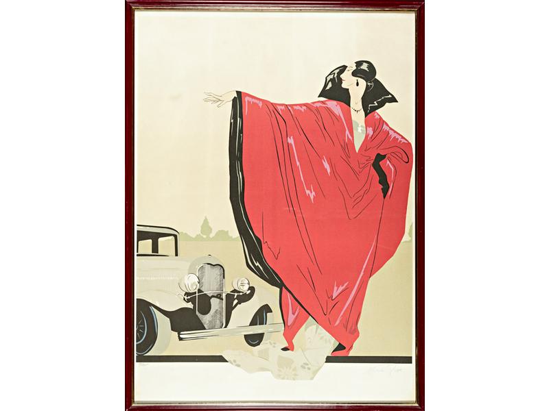 Nina ROSE (XXe siècle) : Elégante au manteau rouge.  Lithographi