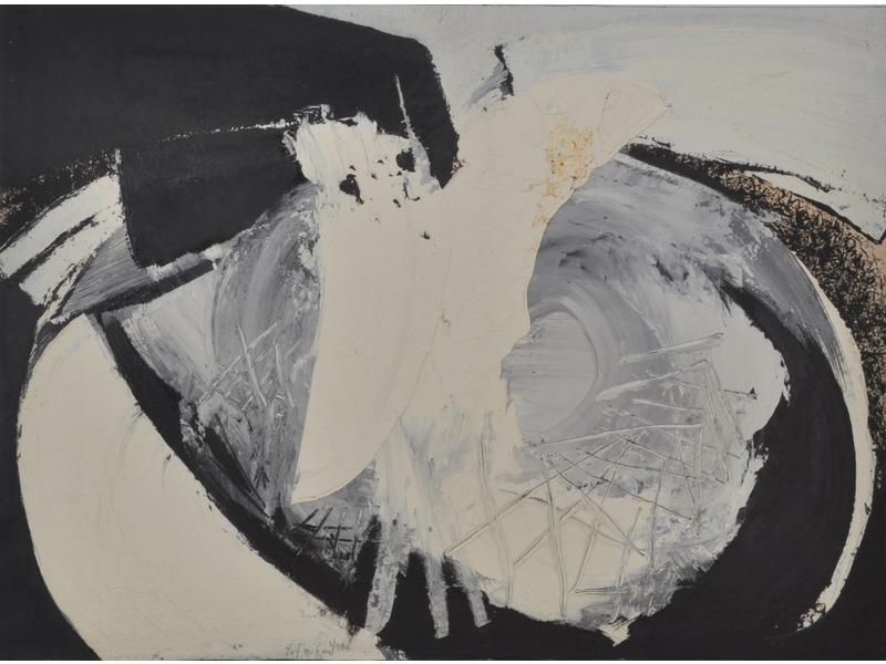 Jan MEYER (1927-1995): Composition blanc et noir.  Huile sur pap
