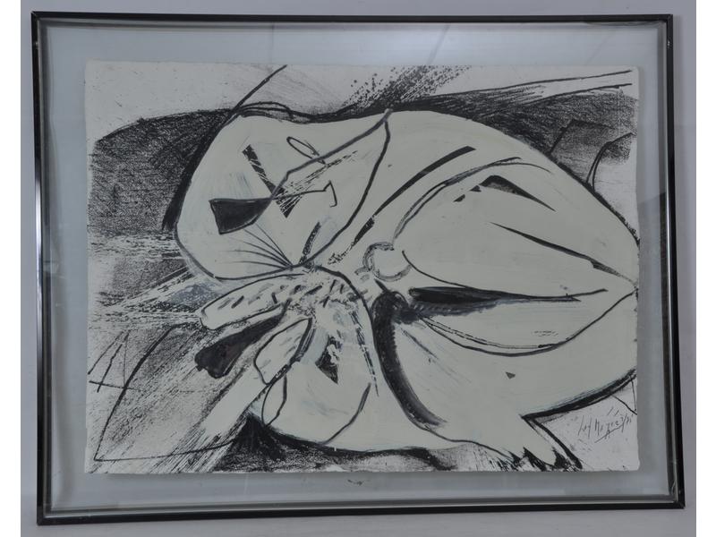 Jan MEYER (1927-1995): Composition blanche.  Huile sur papier si