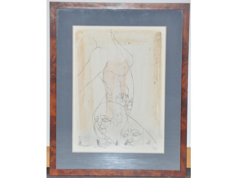 Jean MOIRAS (1945) : Torse et visages.  Aquarelle et encre signé