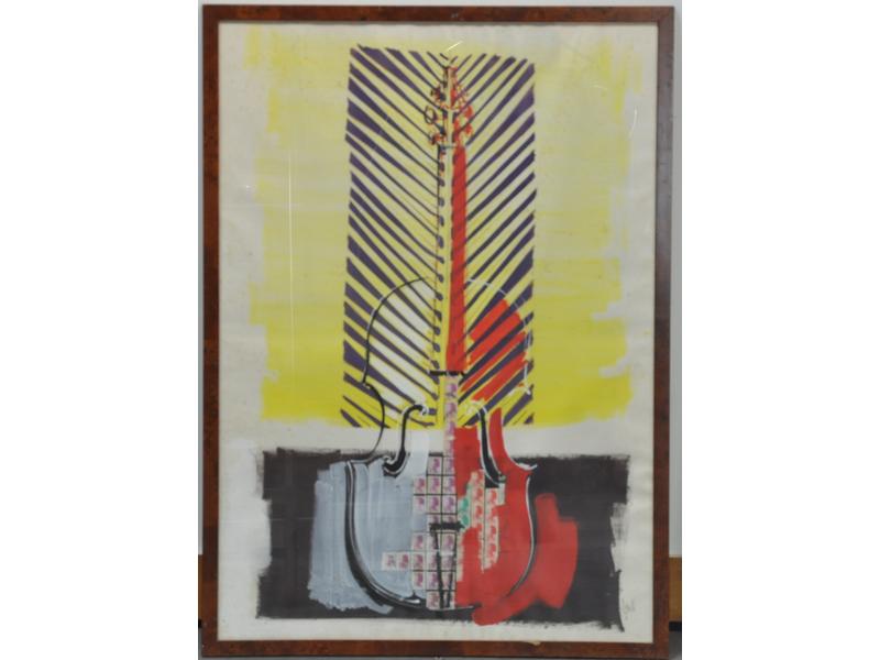 Jean MOIRAS (1945) : Le violon.  Gouache et timbres collés, sign