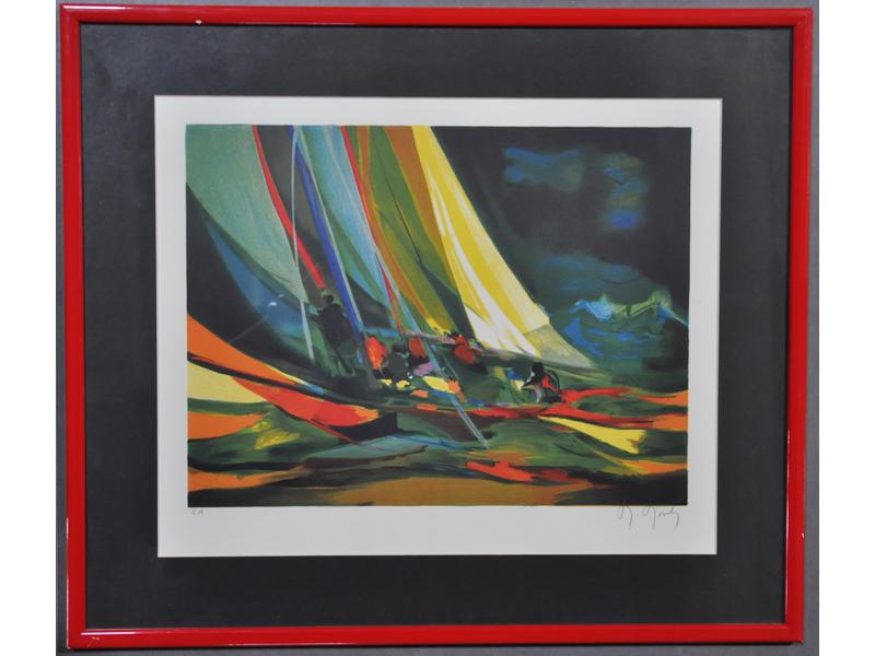 Marcel MOULY (1918-2008) : Les régates.  Lithographie couleur si