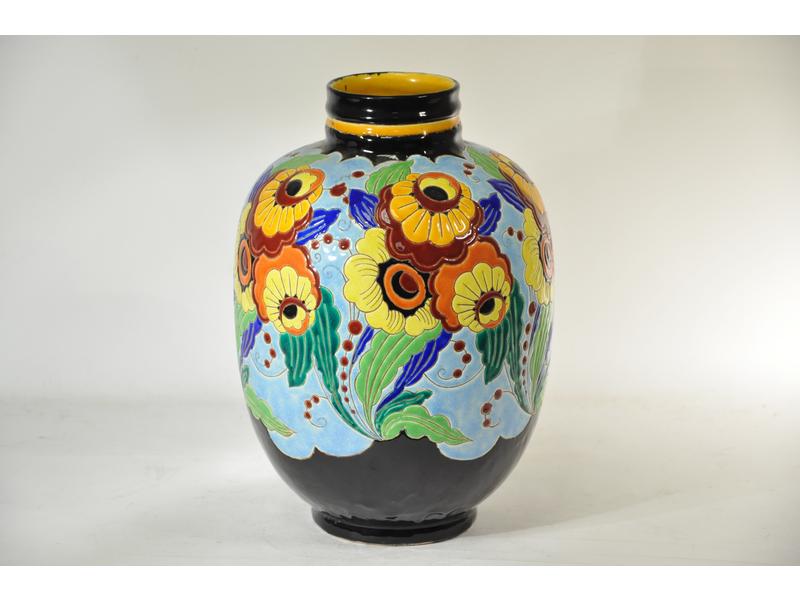 KERAMIS : Grand vase en céramique dit aux émaux polychrome à déc