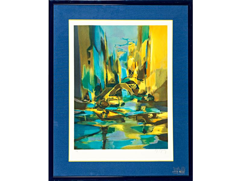 Marcel MOULY (1918-2008) : Canal à Venise.  Lithographie couleur