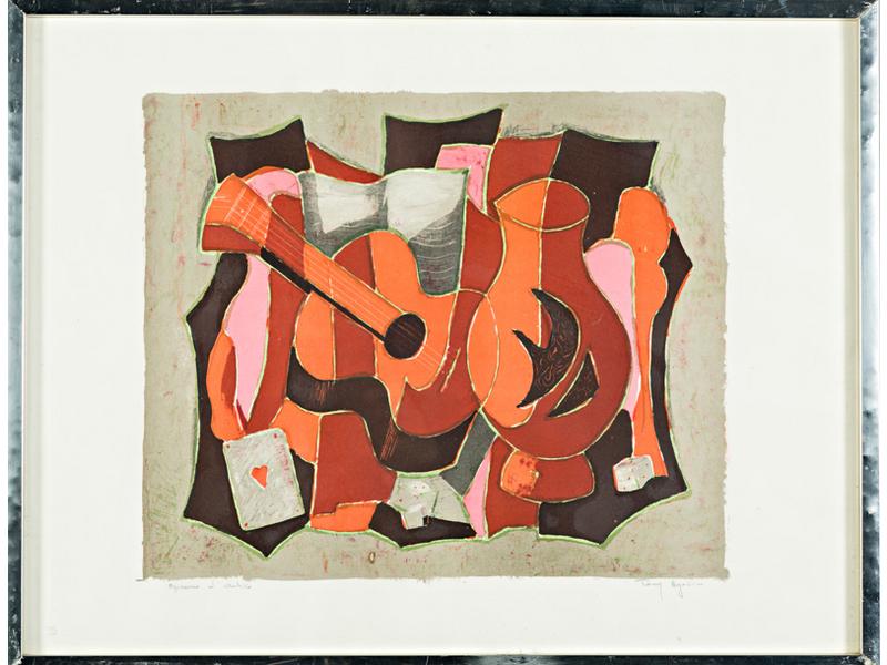 Tony AGOSTINI (1916-1990): Nature morte à la guitare.  Lithograp