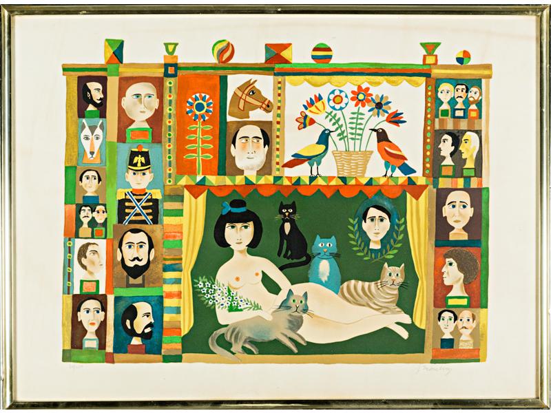 J. MOULENS/MOULIN ? : Personnages et femme au chat.  Lithographi